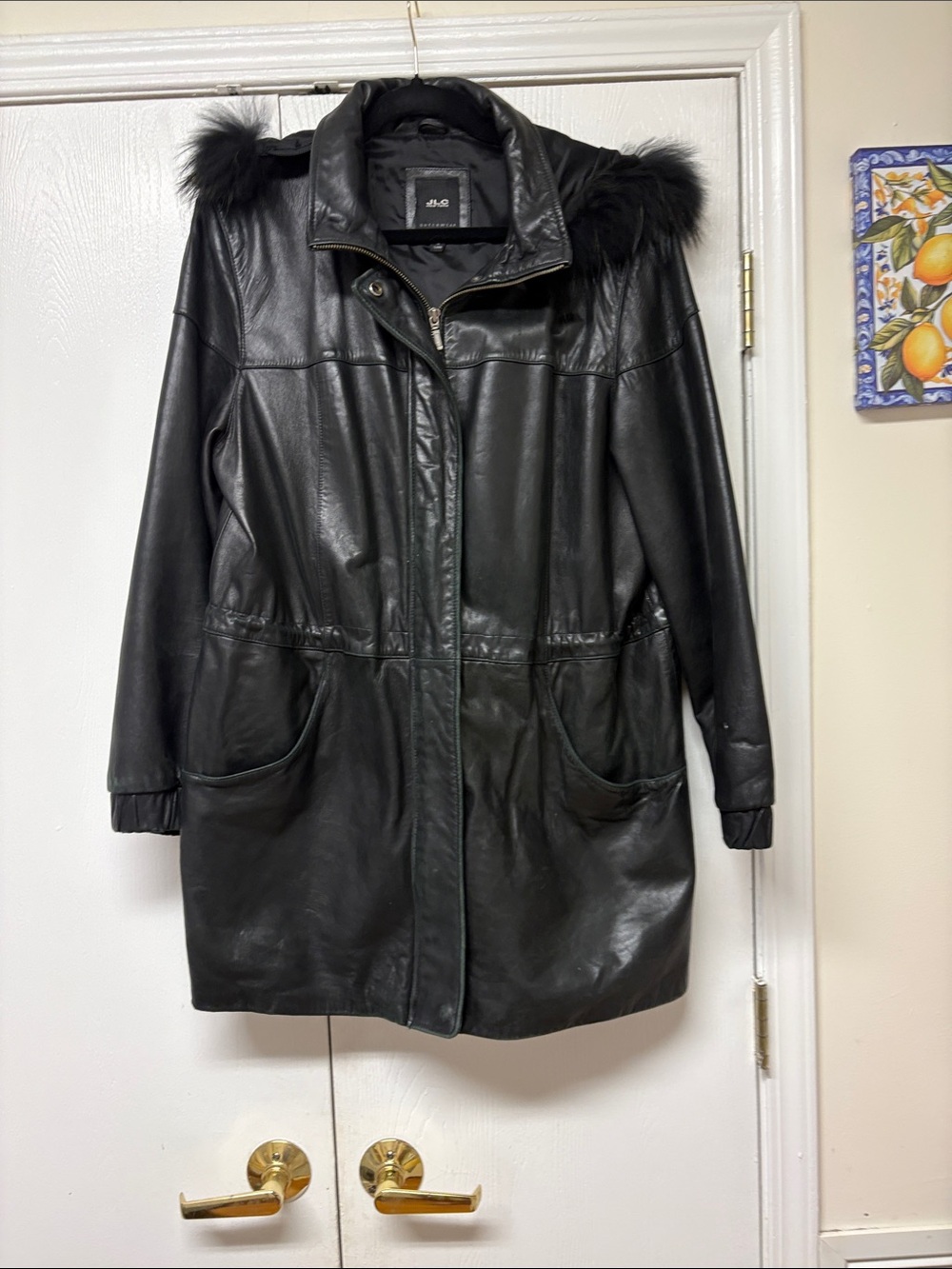 JLC New York Black Leather Coat with Faux Fur Hood Trim